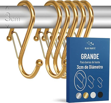 Blau Marité Pack de 6 Ganchos en S para Colgar – Gancho en S con Cierre de Seguridad Anticaída – Ganchos en Forma de Ese para Armario y Almacenaje – Para Barras de Hasta 3 cm Diámetro – Dorado